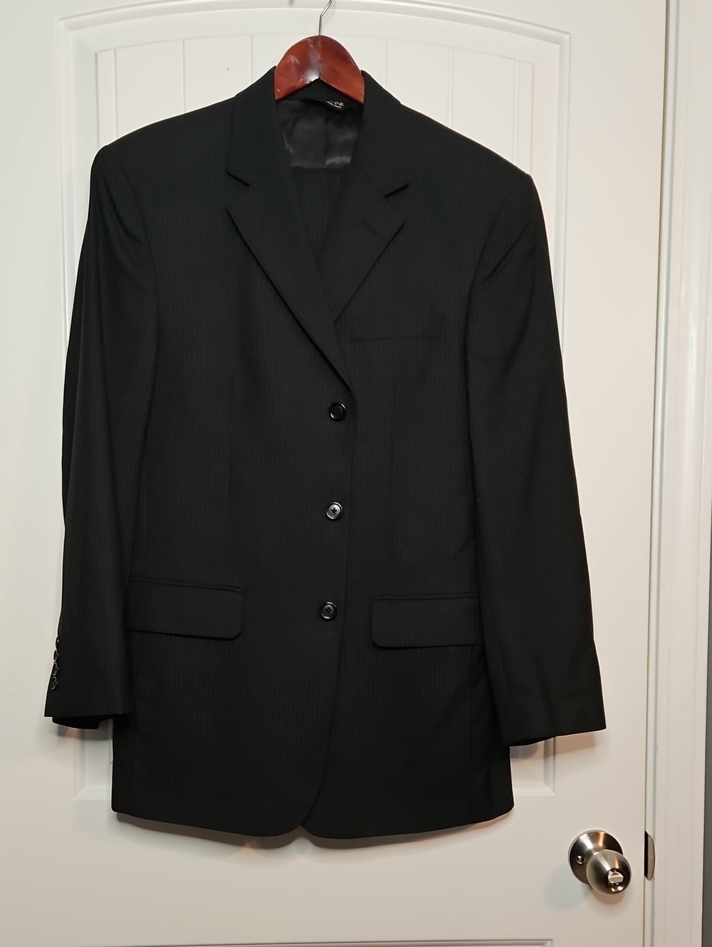 Joseph A. Bank Men's Black Pinstripe Wool Suit - Classic Three-Button Design